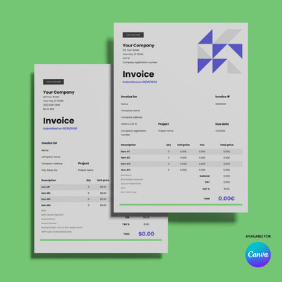 The Invoice Template - Forma 40 Edition by More By Us | The Brand Store features two modern, editable Canva templates with geometric blue designs on a green background, showing company info, itemized lists, totals, and the “Canva” logo.