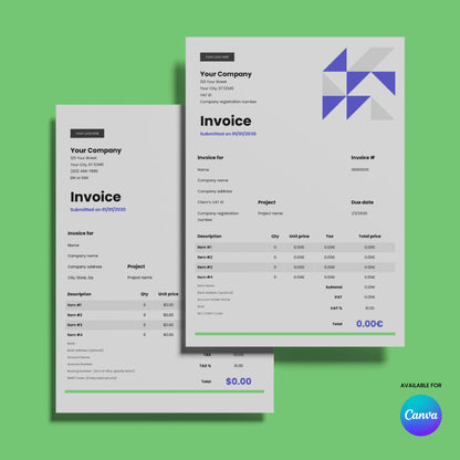 Showcasing the Invoice Template - Forma 40 Edition, an editable Canva template (US & EU format) with a blue-gray geometric logo, itemized lists, company details, and prices on a green background. Canva logo in the bottom right.
