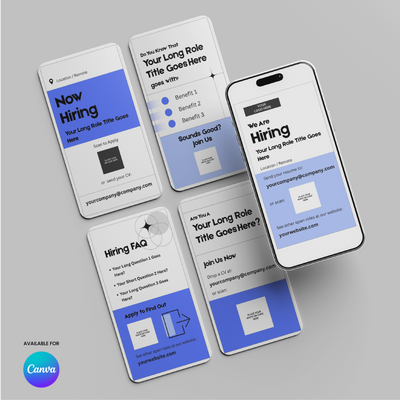 Five smartphone screens display blue, white, and black recruitment stories from the Blue Hiring Social Media Story Templates for Canva – Forma 20 Collection by More By Us | The Brand Store. Text highlights Now Hiring, a role title, benefits, FAQs, and application info. Canva logo shown.