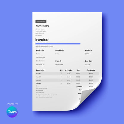 The Invoice Template - Forma 20 Collection is an editable Canva template (US & EU formats) featuring a minimalist blue design with company details, items, prices, due date, a curled bottom right corner, and the Canva logo at the bottom left.