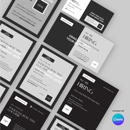A flat lay image showcases the Social Media Hiring Ad Templates for Canva - Forma 60 Collection. Minimalist job post designs with bold text and neutral backgrounds are arranged diagonally, each featuring customizable placeholders and a Canva logo.