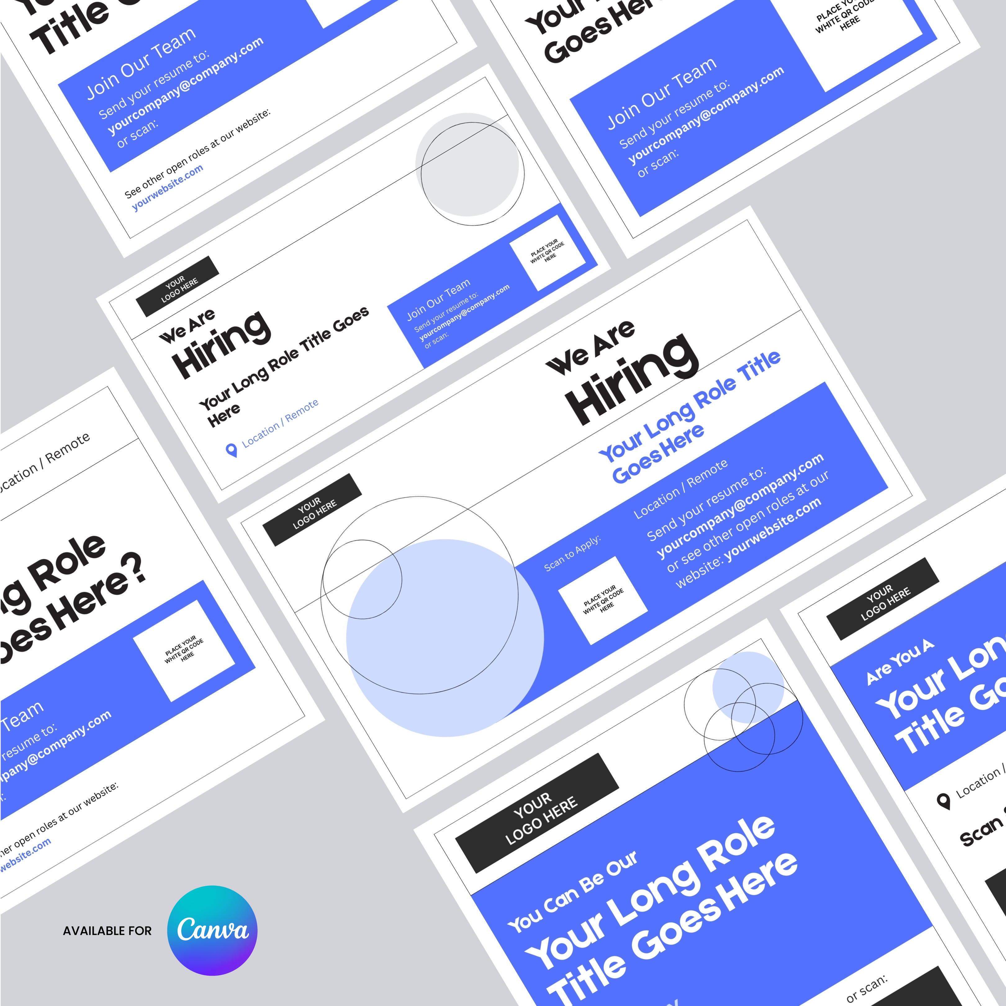 Flat lay of multiple blue and white Social Media Hiring Ad Templates for Canva – Forma 20 Collection Blue Edition, featuring placeholders for job role, contact details, and company logo on a gray background. Canva logo in the lower left corner.