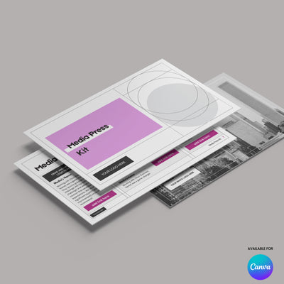A set of editable Media Press Kit Template for Canva - Forma 20 Collection sheets by More By Us | The Brand Store is stacked on a gray surface, with the top sheet showing a purple section and the Canva logo at the bottom right.