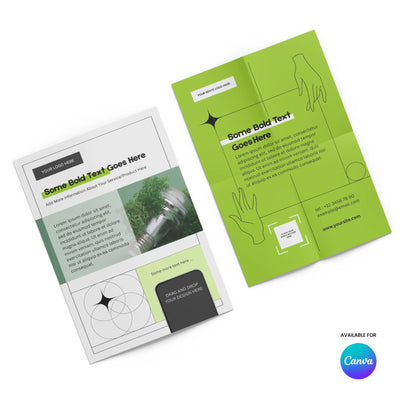 Two flyer templates are displayed: a Green Flyer Template for Canva from the Forma 20 Collection by More By Us—featuring bold, editable layouts for eco brands—and a grayscale design with plant photo; Canva template logo at bottom right.
