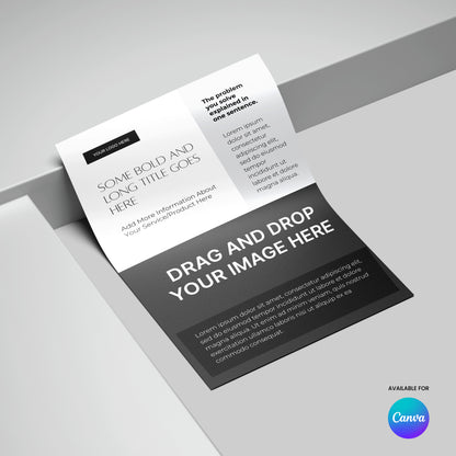 The Flyer Template for Canva - Forma 60 Collection is a black and white trifold brochure mockup, shown partially open on a gray surface with placeholder text, a "DRAG AND DROP YOUR IMAGE HERE" section, and the Canva logo in the corner.