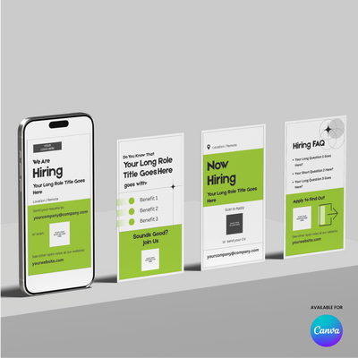 A set of four recruitment cards stands upright beside a smartphone, featuring black and green job info. The Canva logo highlights the Green Hiring Social Media Story Templates for Canva – Forma 20 Collection for your next recruitment campaign.