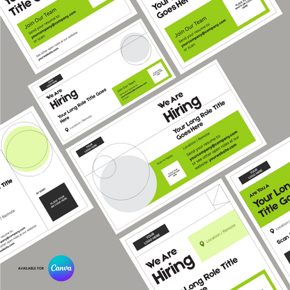 Promote job openings with the Social Media Hiring Ad Templates for Canva – Forma 20 Collection Green Edition: stylish green, black, and white geometric designs with space for details, location, and contact info. “Available for Canva” appears at the bottom left.