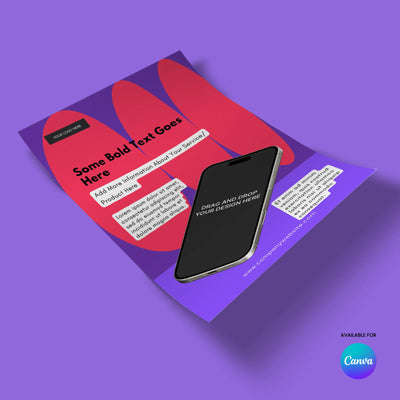 The Flyer Template for Canva - Forma 10 Collection by More By Us | The Brand Store features abstract pink shapes, bold black text, white text boxes, and a central smartphone image—ideal for app promos or SaaS launches. Canva logo appears bottom right in a blue circle.