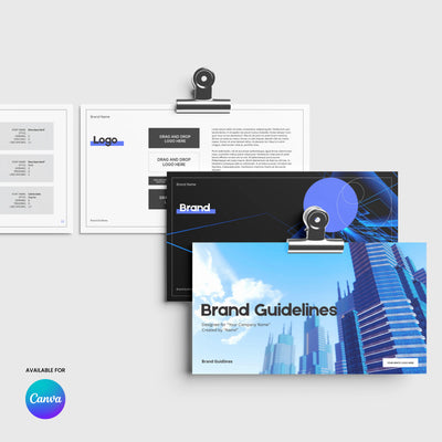 The Modern Brand Identity Template - Forma 20 by More By Us | The Brand Store is a Canva brand guidelines layout with a blue skyscraper cover and logo spec pages, perfect for SaaS startups. “Available for Canva” badge appears in the bottom left corner.