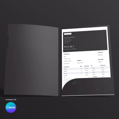 An open black folder displays a printed Invoice Canva Template from the Forma 60 Collection US EU Formats by More By Us | The Brand Store, with tables for items and totals, and a Canva logo on a dark background.