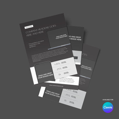 A stack of three editable grayscale business flyers from the One-Pager Template for Canva - Forma 60 Collection, featuring headline, description, statistics, and company info sections. Canva logo is at the bottom right corner.