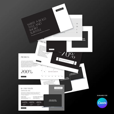 The Sales Deck Template for Canva – Forma 60 Collection by More By Us | The Brand Store features elegant black-and-white slides with sample text, charts, and graphics—ideal as an editable presentation for creatives, consultants, or luxury brands.