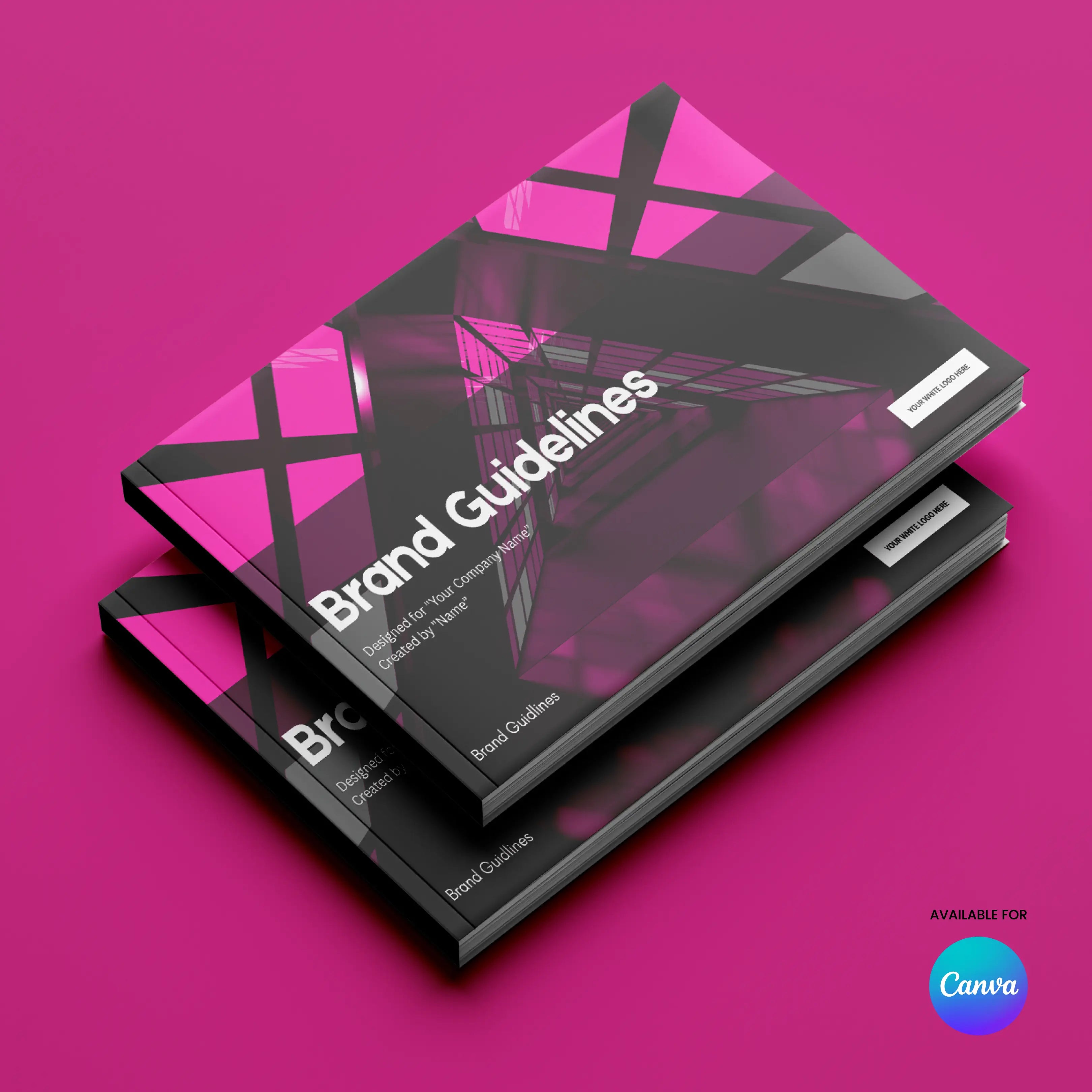 Two stacked booklets titled Brand Guidelines are on a magenta surface, with abstract pink and black covers. A blue Canva logo highlights this Modern Brand Identity Template | Canva Brand Guidelines Layout, an editable brand book in Canva.