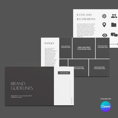 The Brand Guidelines Template for Canva – Forma 60 Collection by More By Us | The Brand Store is an editable brand book with three pages for icons, images, and text in black, white, and gray blocks. Includes placeholders and a Canva brand guidelines logo.