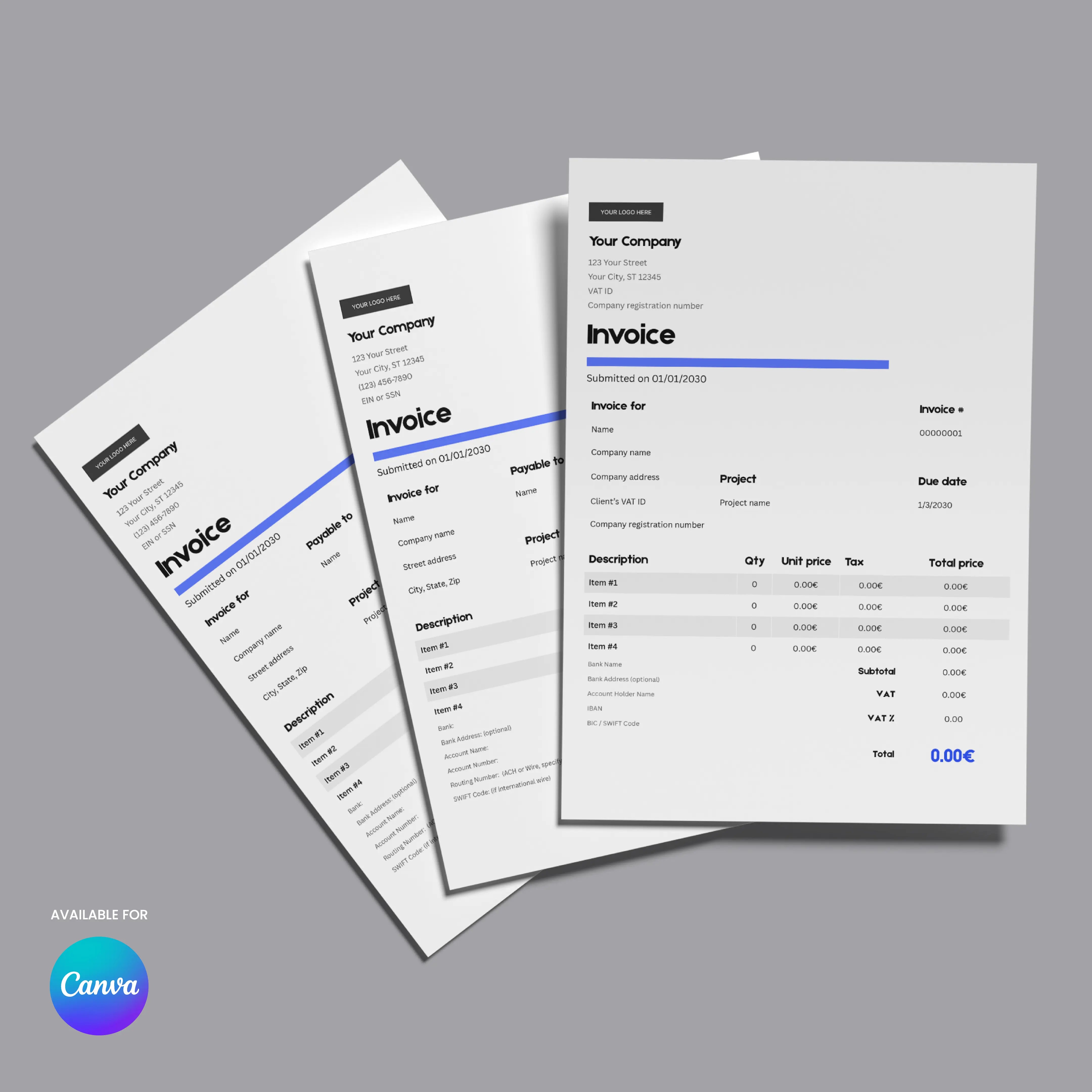 The Invoice Template - Forma 20 Collection | Editable Canva Template (US & EU Formats) features three modern, minimalist sample invoices on a gray surface with item tables, company names, bold blue lines, and the Canva logo in the lower left.