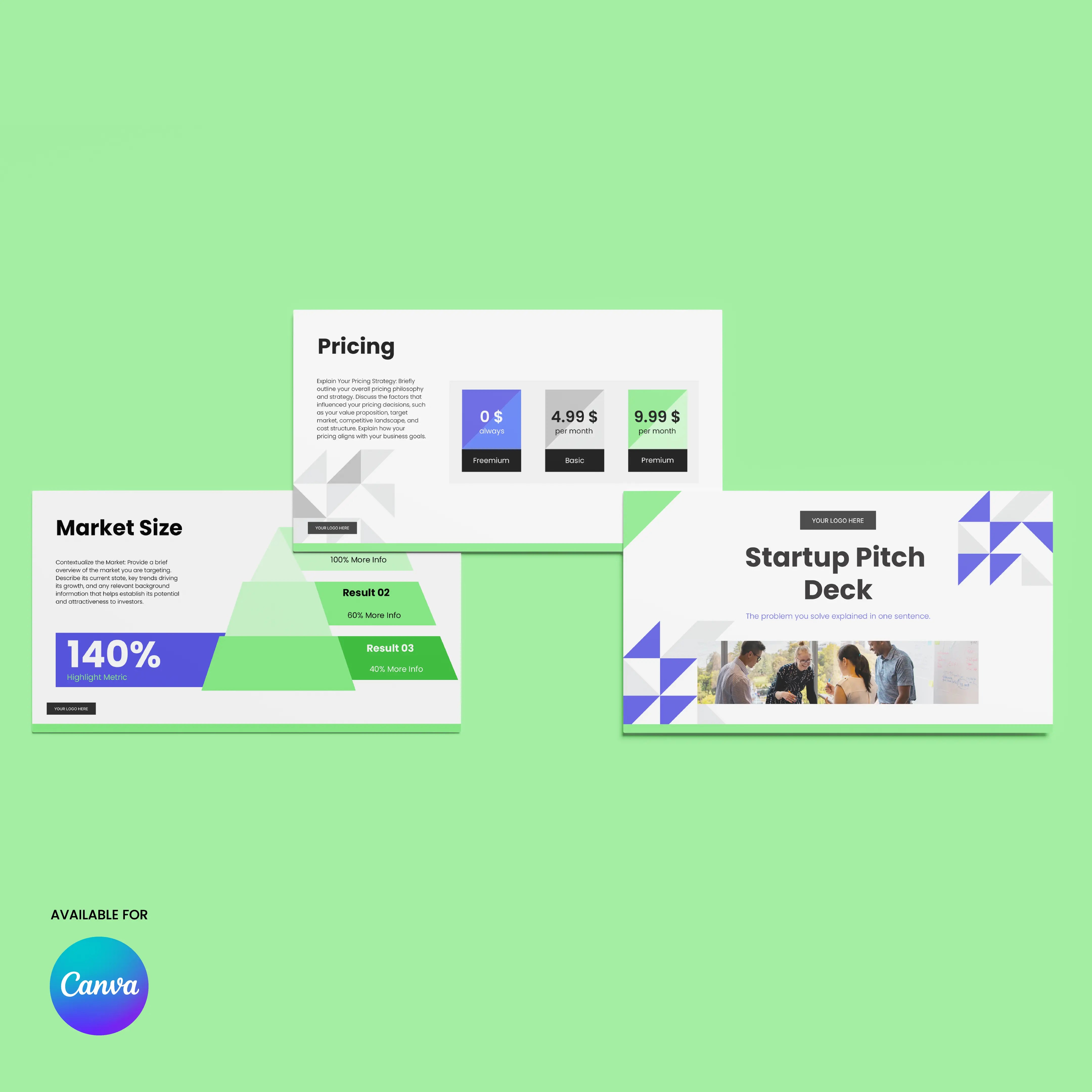 Three slides from the Startup Pitch Deck Template – Forma 40 Edition are shown on a light green background, featuring market size, pricing, and title page sections—perfect for funding presentations. Canva logo appears in the lower left corner.