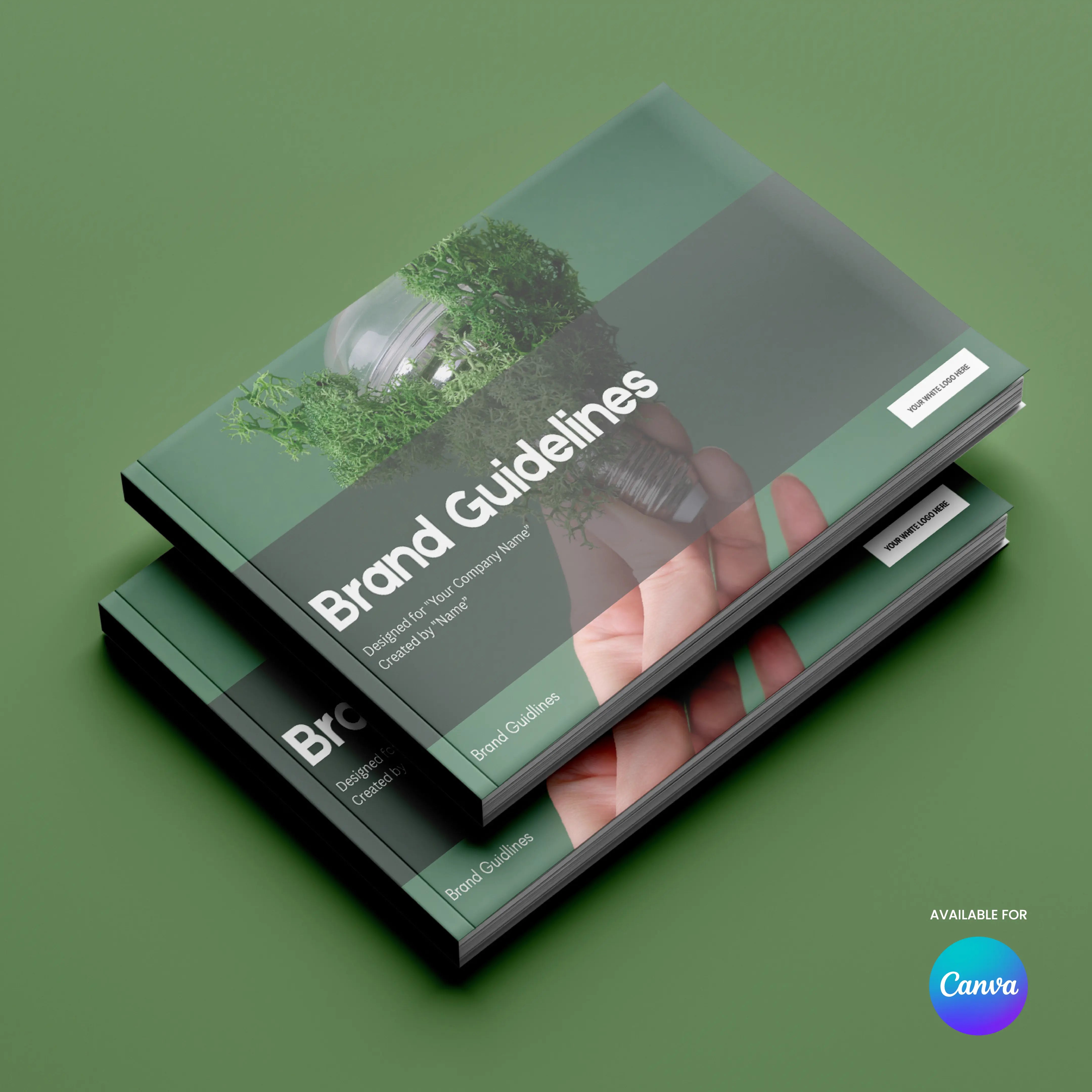 Two stacked booklets titled Brand Guidelines Template | Canva Editable, Green Minimal Style (Forma 20) lie on a green surface. The cover shows a hand holding a foliage-filled light bulb, with a small Canva logo in the bottom right corner.