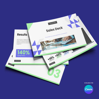 A set of three modern slides from the Sales Deck Template for Canva – Forma 40 Collection by More By Us, featuring text, metrics, and a workplace photo. Includes the Canva logo on a blue background—ideal for SaaS startups and tech presentations.
