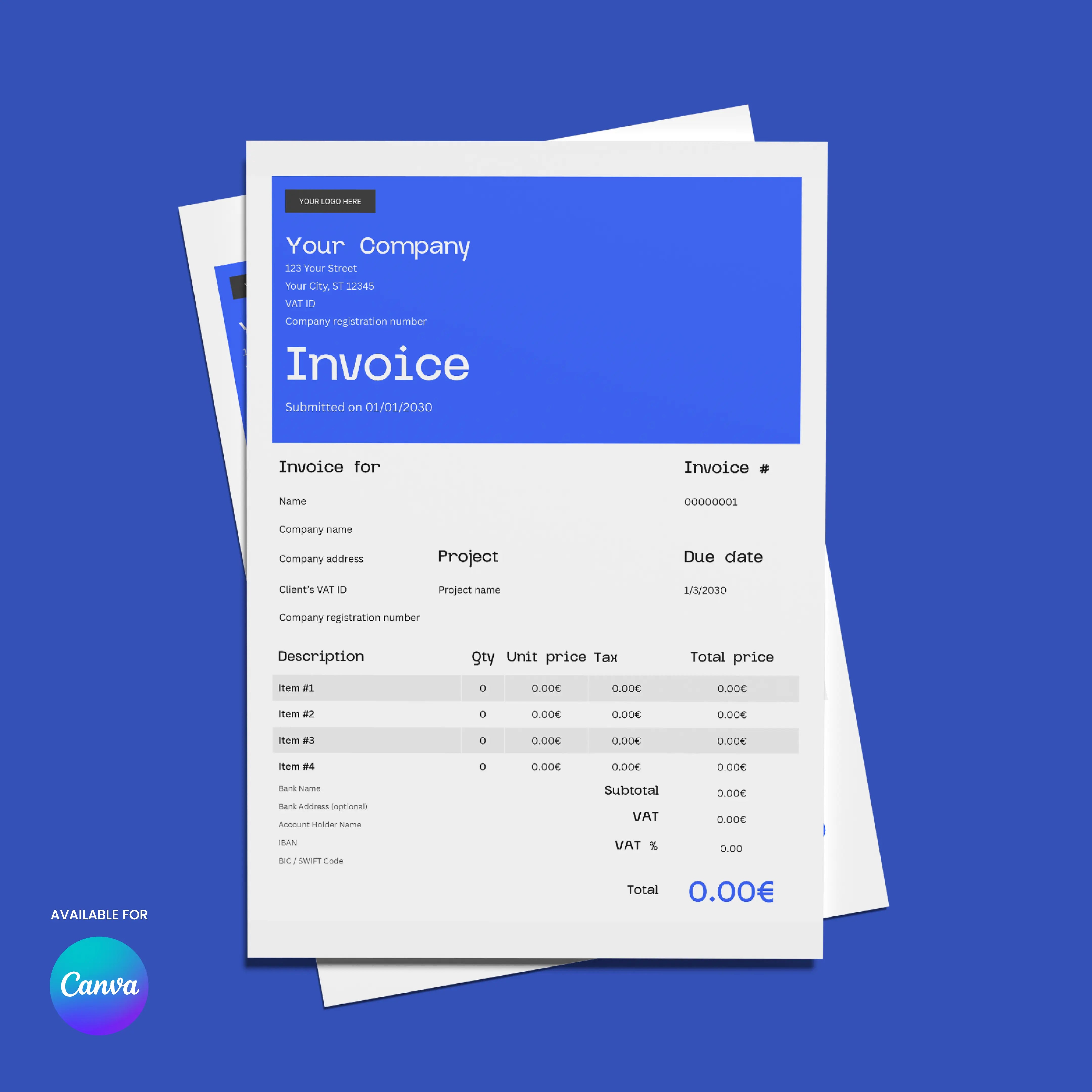 A mockup of the Invoice Template – Forma 30 Edition | Canva Editable (US & EU Formats) in blue and white, titled Invoice, displays itemized billing, quantities, prices, VAT, a 0.00€ total, and Canva branding in the bottom left corner.