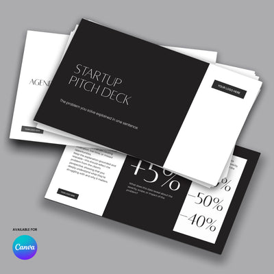 Showcase your ideas with the Startup Pitch Deck Template for Canva – Forma 60 Collection by More By Us | The Brand Store. This minimal, stylish presentation is ideal for fashion and creative brands. Features bold titles, stats, and Canva logo in the corner.