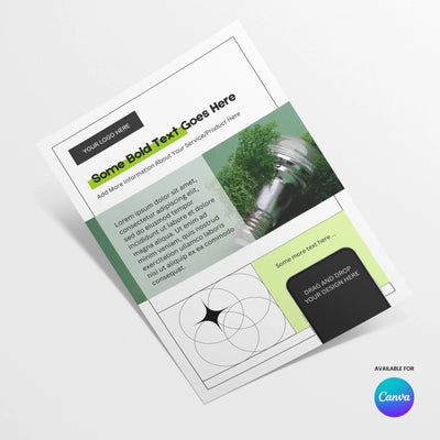 The Green Flyer Template for Canva – Forma 20 Collection by More By Us features a bold, editable layout for eco brands and events, with customizable images, logo placeholder, striking headline text, and grayscale chess on grass imagery.