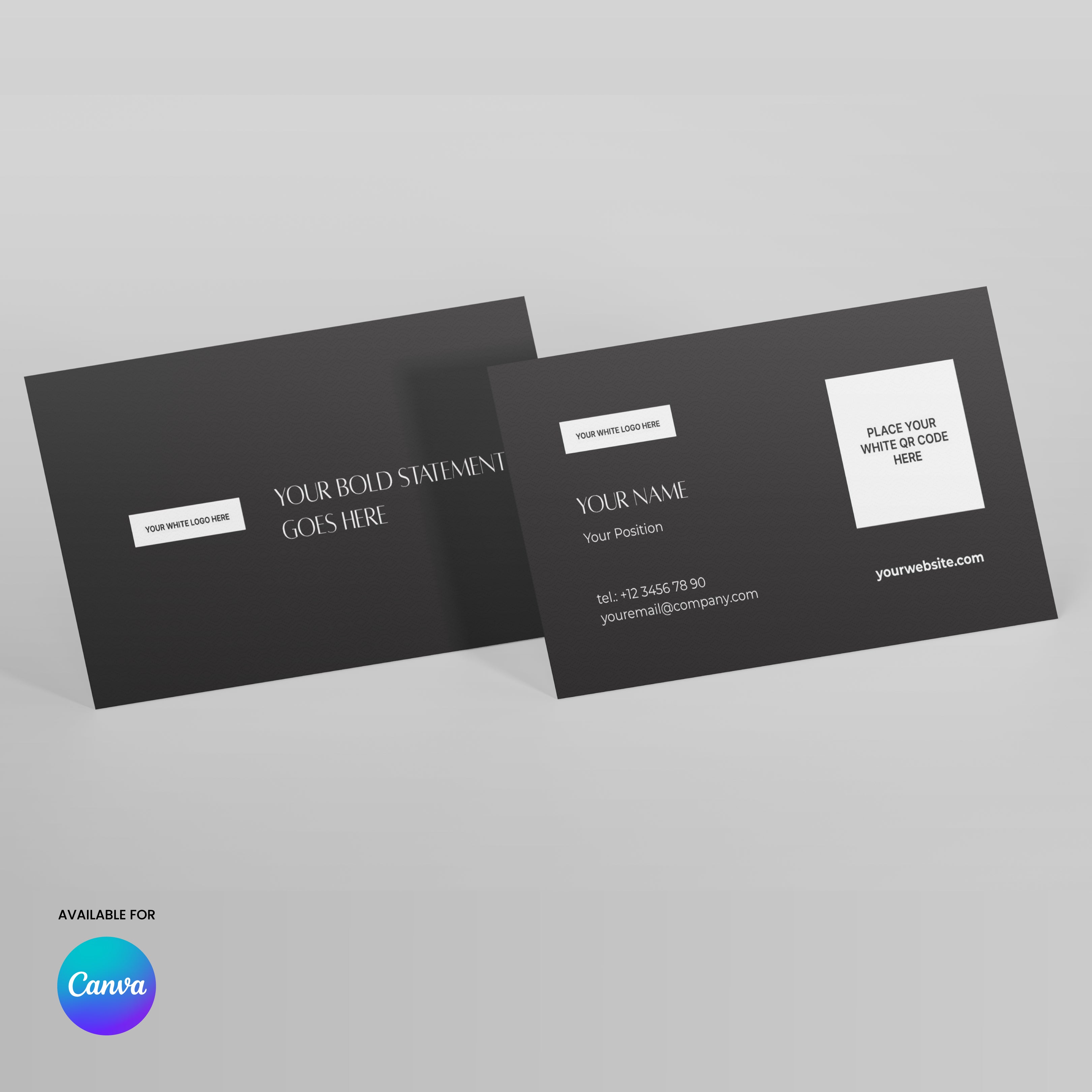 Two black business card designs from the Forma 60 Collection feature clean white text—one with a bold statement, the other with name, title, contact info, and logo placeholders. Canva branding sits below this sleek Business Card Template.