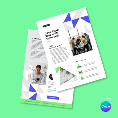 Two overlapping "Case Study Template for Canva - Forma 40 Collection" flyers by The Brand Store by More By Us, on a green background with text, blue and purple geometric shapes, work-related photos, and the Canva logo at the bottom right.