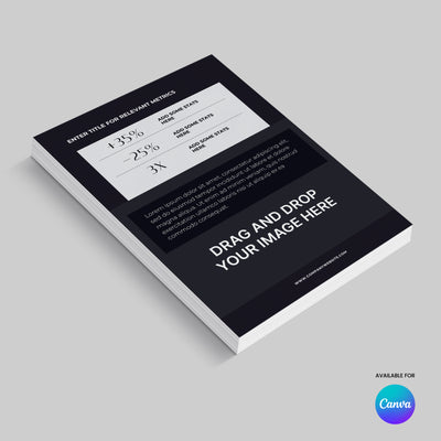 The Flyer Template for Canva - Forma 60 Collection by More By Us | The Brand Store offers black and white minimal flyer designs with sample metrics, placeholder text, a Drag and Drop image spot, and the Canva logo in the bottom right corner.