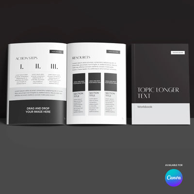Three minimalist pages from the "Editable Workbook Template in Canva - Forma 60 Collection" by More By Us | The Brand Store are shown, featuring Action Steps, Resources, and a customizable planner layout with a Canva logo.