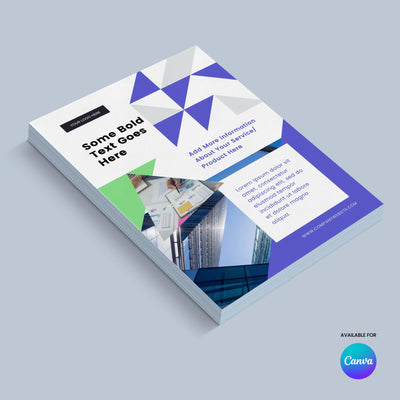 A stack of Forma 40 Collection flyer templates by More By Us | The Brand Store lies on blue, showing bold text, geometric layouts, business images, and sample metrics—ideal for B2B marketing. "Available for Canva" badge shown lower right.