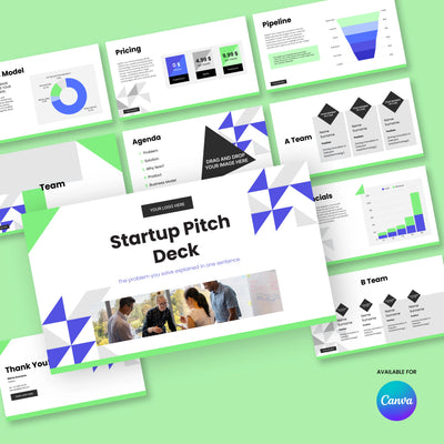 The Startup Pitch Deck Template – Forma 40 Edition by More By Us | The Brand Store features ten clean, editable Canva slides with charts, lists, and graphics on a green background accented in blue and gray—ideal for standout funding presentations.