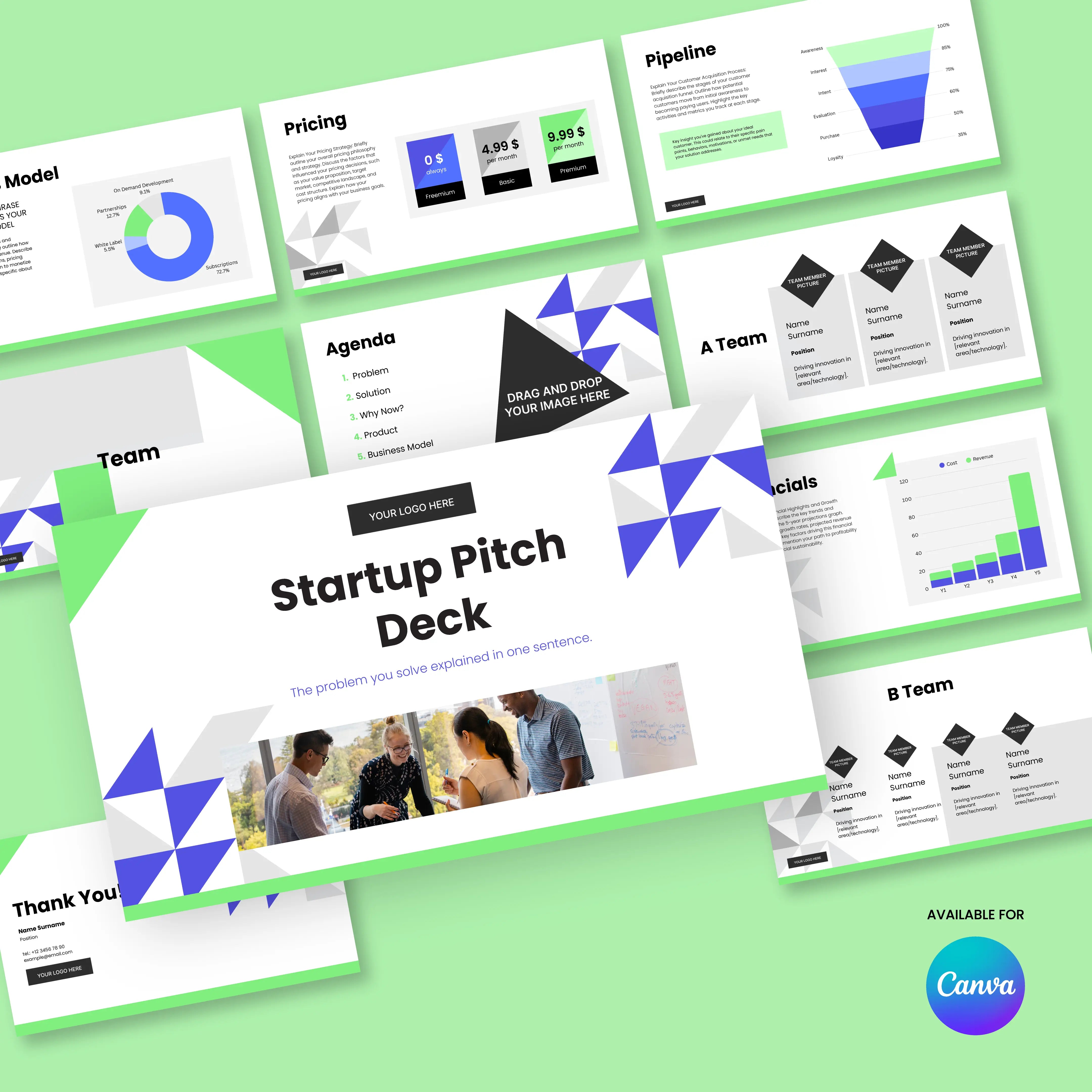 The Startup Pitch Deck Template – Forma 40 Edition is a clean, editable Canva presentation featuring agenda, pricing, pipeline, model, team & financials slides on a green background with blue geometric accents and clear Canva branding.