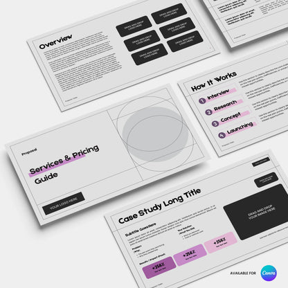 A set of five minimal Canva slides, the Client Offer Deck Template from the Forma 20 Collection features pink accents and sections like Overview, How It Works, Case Study Long Title, and Services & Pricing—ideal for any service proposal.