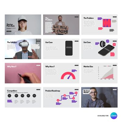 The Brand Store by More By Us offers the Tech Startup Pitch Deck Template—Animated Canva Slides Forma 10 Collection, a 12-slide investor presentation with sections for business overview, charts, photos, and icons in a modern layout.