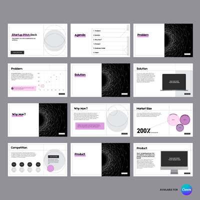 The Startup Pitch Deck Template for Canva by The Brand Store by More By Us features 12 animated slides covering agenda, problem, solution, market size, competition, and product with abstract circular black, white, and purple graphics from the Forma 20 Collection.