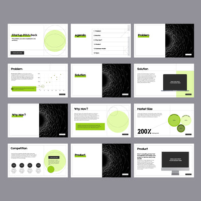 The Animated Canva Pitch Deck Template for Startups – Forma 20 Collection by The Brand Store by More By Us is a 12-slide editable business presentation in green, black, and white with modern graphics and key sections for investors and clients.
