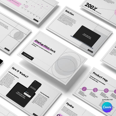 The Startup Pitch Deck Template for Canva by The Brand Store by More By Us features animated slides with diagrams, charts, and device mockups ideal for investor pitches. Headings include “Solution,” “Pipeline,” and “Product Map.” Canva logo bottom right.