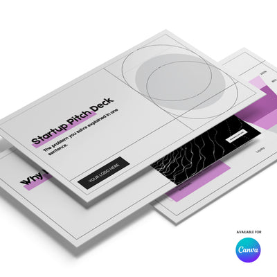The Brand Store by More By Us offers the Startup Pitch Deck Template for Canva—animated slides with geometric designs in black, white, and purple. Part of the Forma 20 Collection, it’s perfect for fundraising and company intros; Canva logo at bottom right.