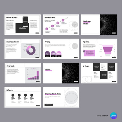 The Brand Store by More By Us offers the Startup Pitch Deck Template for Canva—an animated 12-slide business deck with grey, black, white, and purple accents. Perfect for fundraising, it includes product, pricing, team sections, charts a dynamic pitch deck logo.