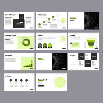 The Animated Canva Pitch Deck Template for Startups Forma 20 Collection by The Brand Store by More By Us features 12 editable slides with charts, diagrams, and text in black, green, and white—perfect for investor and client presentations.