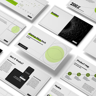 A flat lay of the Animated Canva Pitch Deck Template for Startups - Forma 20 Collection from The Brand Store by More By Us, showing editable slides for investors with modern green and black design and sections like Problem, Product Map, Pipeline, and How It Works.