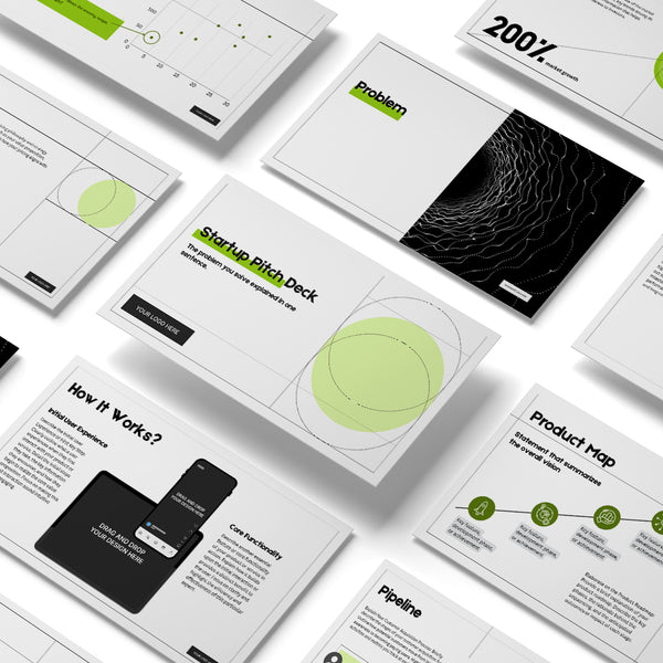 A set of angled slides showcases the Animated Canva Pitch Deck Template for Startups - Forma 20 Collection, featuring editable business presentations with black, white, and green accents, charts, diagrams, and bold section titles.