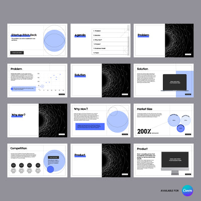 The Investor Pitch Deck Template for Canva by The Brand Store by More By Us features 12 animated slides—agenda, problems, solutions, and more—in blue, black, and white with graphics and laptop mockups. Includes Canva logo. Part of the Forma 20 Collection.