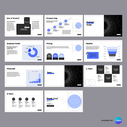 The Investor Pitch Deck Template for Canva – Animated Slides from the Forma 20 Collection offers a 12-slide gray minimalist deck for startups, covering product map, model, pricing, pipeline, financials & team—ideal for fundraising. Includes Canva logo bottom right.