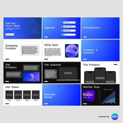 The Tech Startup Pitch Deck Template for Canva by More By Us Forma 30 Collection offers 12 editable slides in blue, black, and white—ideal for SaaS innovation brands pitching investors with agenda, company info, market size graph, and more.