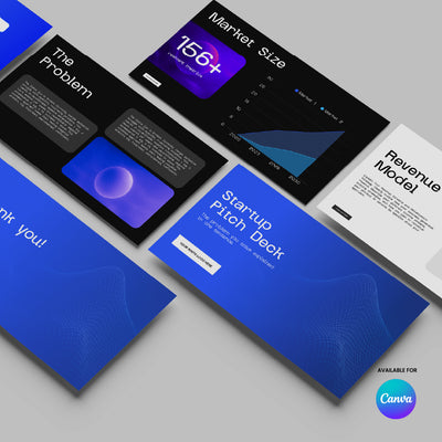 The Forma 30 Tech Startup Pitch Deck Template by More By Us is displayed on a light gray surface, featuring sections like The Problem, Market Size, and Revenue Model. Editable in Canva, it’s perfect for SaaS or innovation brand investor presentations.