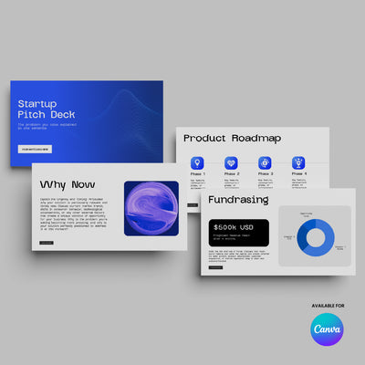 The "Tech Startup Pitch Deck Template for Canva - Forma 30 Collection" by More By Us offers four editable slides—title, why now, roadmap, and fundraising—ideal for SaaS/innovation brands, featuring a gray background and Canva logo.