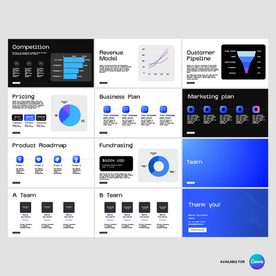 The Forma 30 Tech Startup Pitch Deck Template by More By Us for Canva offers 12 editable slides for SaaS and innovation brands, featuring competition, revenue model, customer pipeline, pricing, business plan, marketing, roadmap, fundraising more.