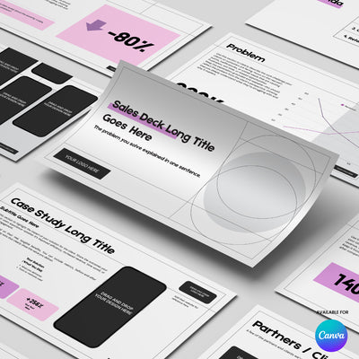 The Brand Store by More By Us presents the Editable Sales Deck Template for Canva - Forma 20 Collection, a minimalist business presentation ideal for selling, pitching, and closing deals. Customizable slides feature charts, images, and modern black-purple accents.