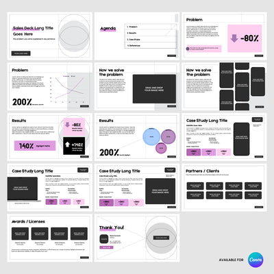 The Editable Sales Deck Template for Canva Forma 20 Collection by The Brand Store by More By Us features 16 customizable slides in black, white, and light purple, with sections for agenda, solutions, case studies, partners, and more.